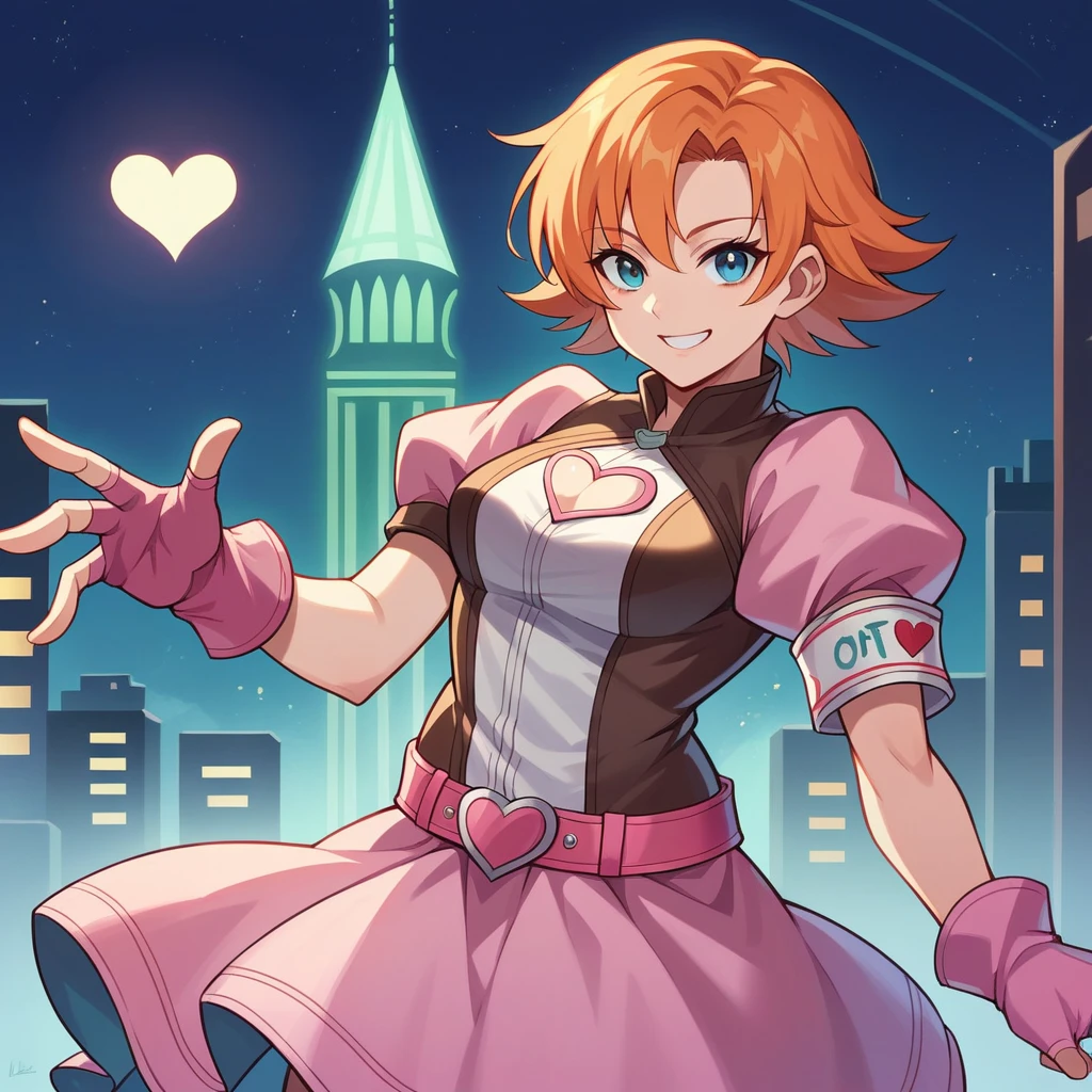 1girl,cowboy shot, beautiful nora_valkyrie, looking at viewer, smile, short hair, blue eyes,heart cutout, gloves, jacket, pink skirt, pink belt, short sleeves, puffy sleeves, single armband, fingerless gloves, orange hair, pink gloves, dynamic pose, night, outdoors, city, (volumetric lighting), best quality, masterpiece, intricate details, tonemapping, sharp focus, hyper detailed, trending on Artstation,