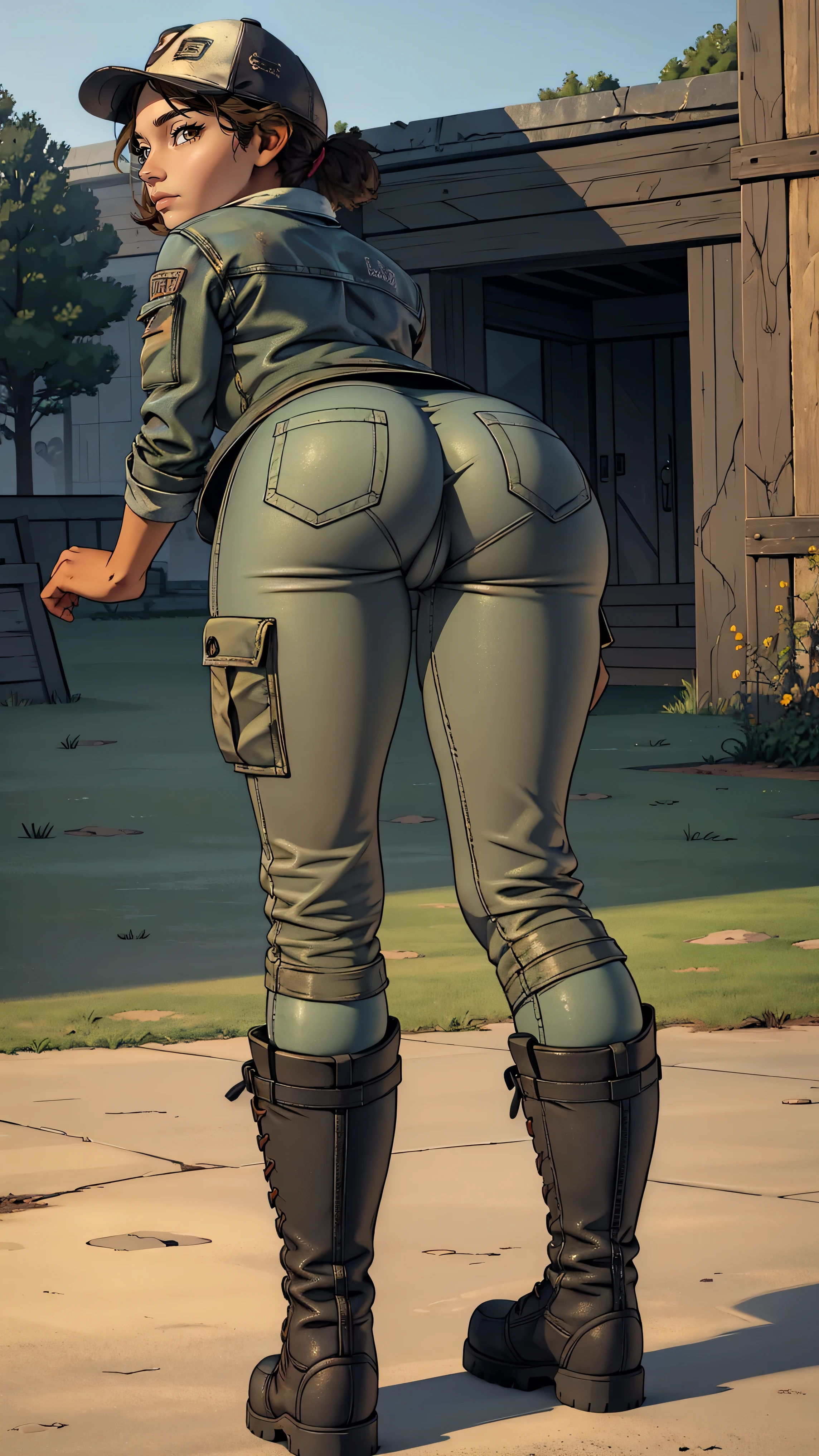 ((masterpiece, best quality)),(complex lighting) ,solo,(((1girl))) ,clementine, light skin,light-skinned female, baseball cap, green cargo pants, brown eyes, tight pants, combat boots, shirt, short hair, one short ponytail, open denim jacket, huge butt, thicc butt , (((8k))), (((full body))), (((bent over))), (((looking at the viewer))), cameltoe