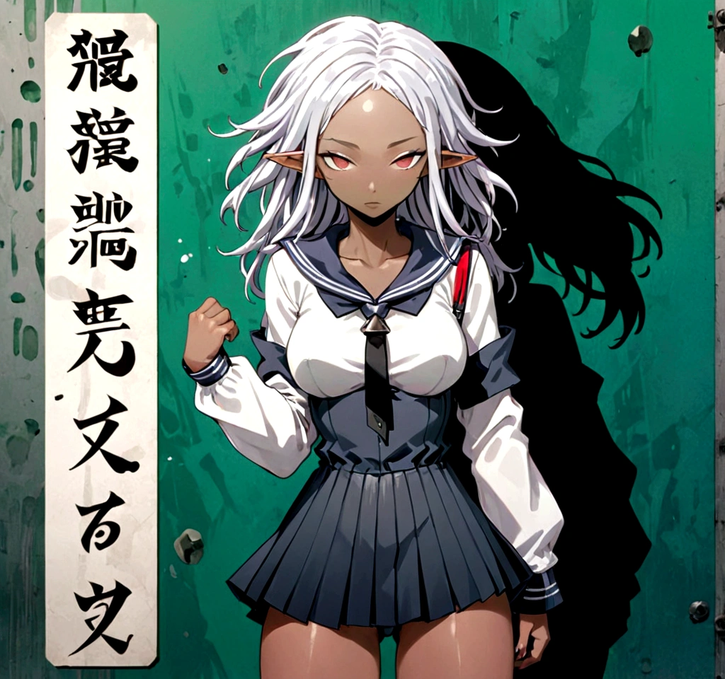A african anime elf female, shining red, nud, Black and red background, sexy face, Standing Playing vagina pose, Opening To screen vagina, big chest, thicc body, cum coming out of legs, cum coming out of mouth, mouth open