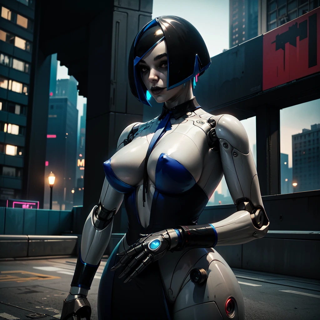 ((sexy robot)), short hair, masterpiece, shinny skin texture, 4k textures, intricate, highly-detailed, sharp focus, cinematic look, hyperdetailed, perfect hands, looking at viewer, ((cyberpunk city street)), 