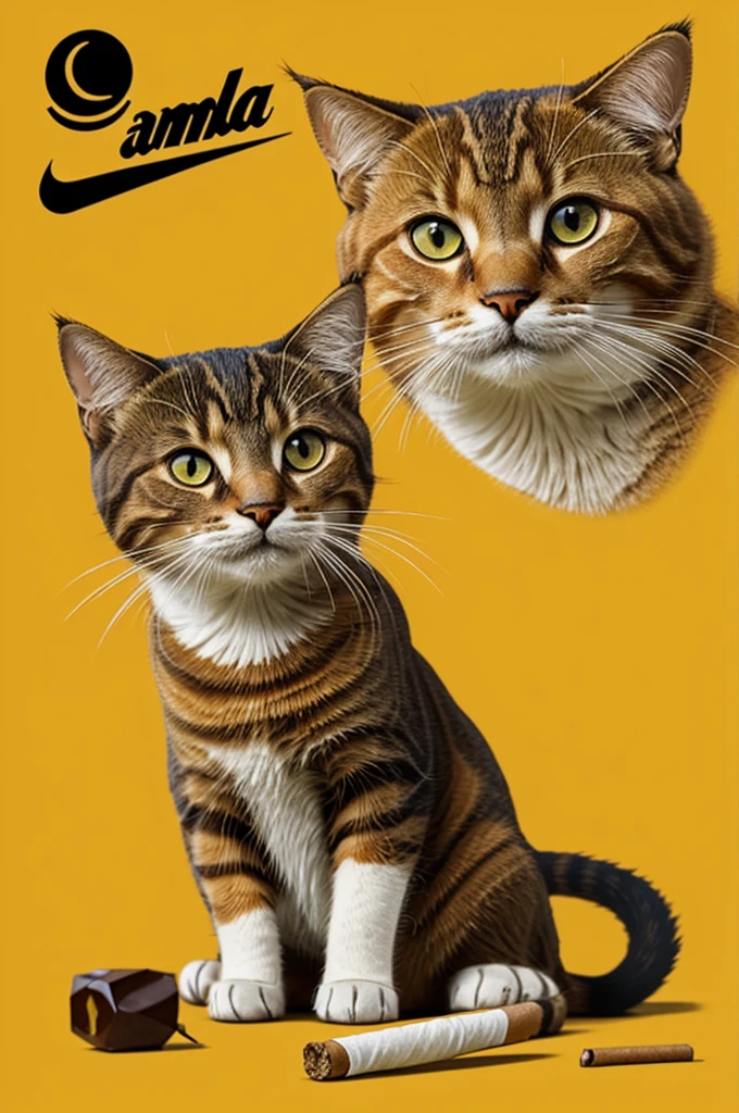 Crea un logo para un emprendimiento de cigarros herbales y una cola de gato amarillo
