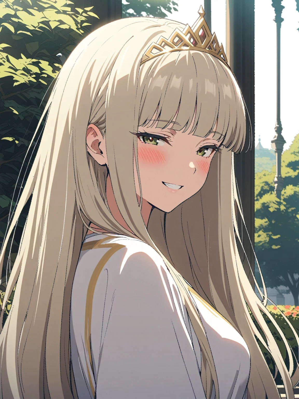 {{portrait, face focus}} {{Artist: Sincos}} 1 woman, solo, mature female, elegant, princess, medium breasts, platinum blonde hair, long hair, straight hair, hime cut, green eyes, white dress, gold trim, tiara, looking at viewer, blush, bright smile, teeth, half-closed eyes, outdoors, garden, palace, sunny, window.
