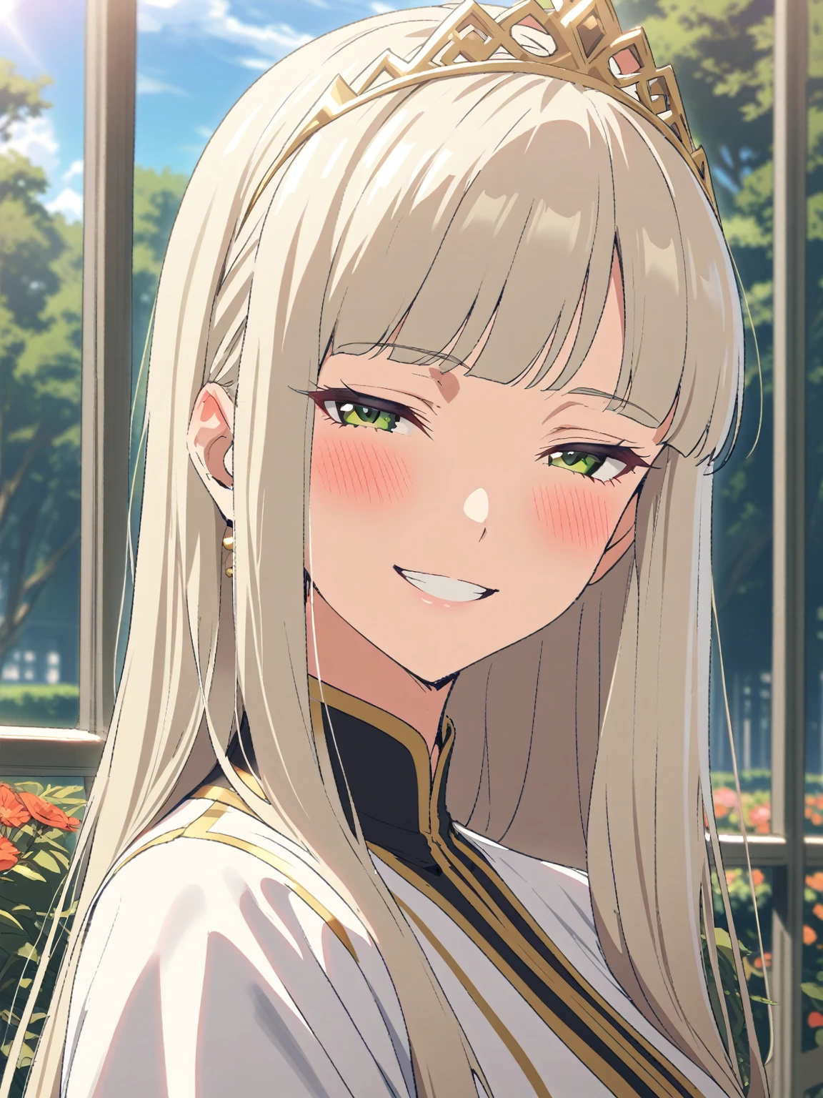{{portrait, face focus}} {{Artist: Sincos}} 1 woman, solo, mature female, elegant, princess, medium breasts, platinum blonde hair, long hair, straight hair, hime cut, green eyes, white dress, gold trim, tiara, looking at viewer, blush, bright smile, teeth, half-closed eyes, outdoors, garden, palace, sunny, window.
