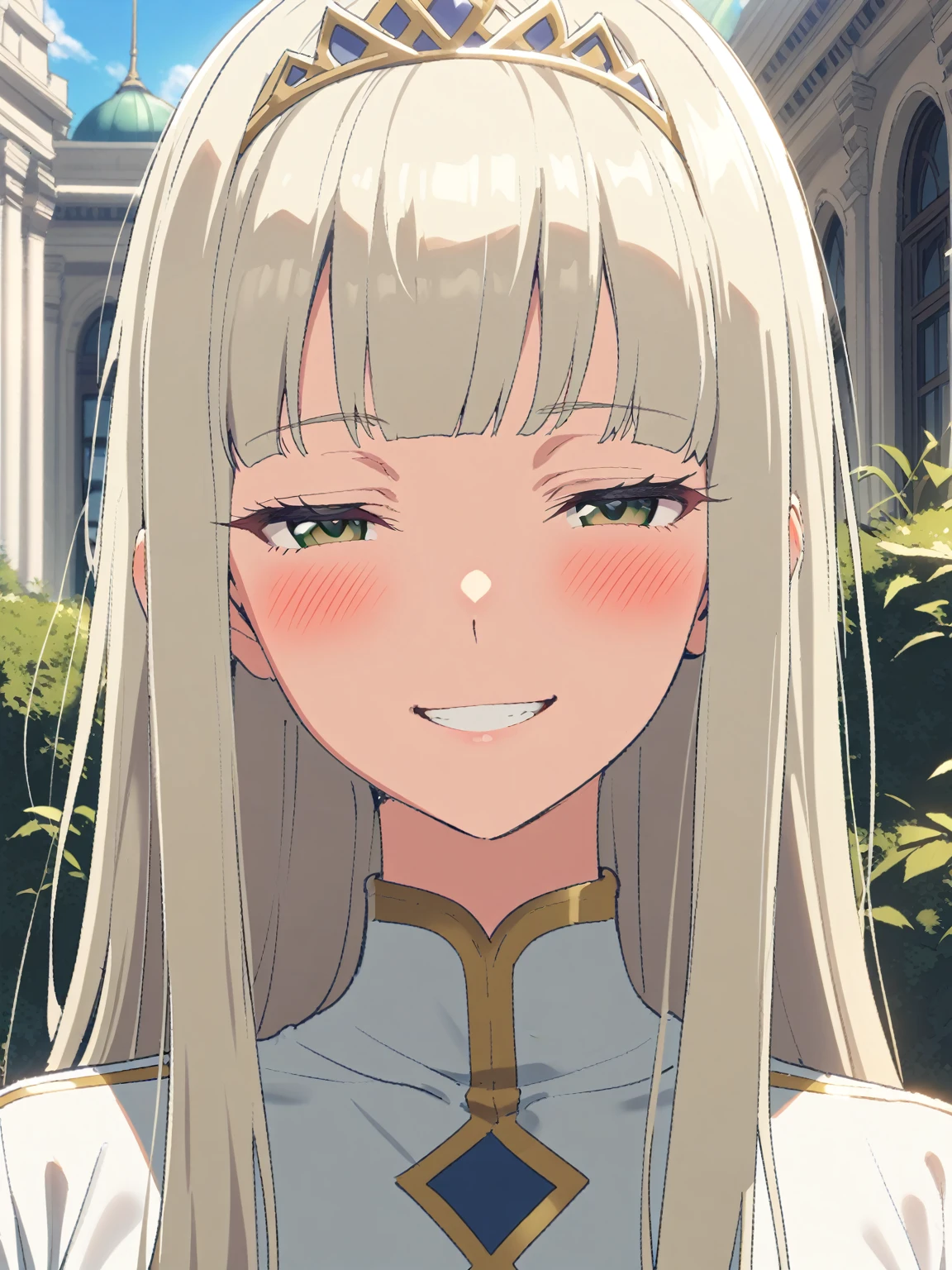 {{portrait, face focus}} {{Artist: Sincos}} 1 woman, solo, mature female, elegant, princess, medium breasts, platinum blonde hair, long hair, straight hair, hime cut, green eyes, white dress, gold trim, tiara, looking at viewer, blush, bright smile, teeth, half-closed eyes, outdoors, garden, palace, sunny, window.