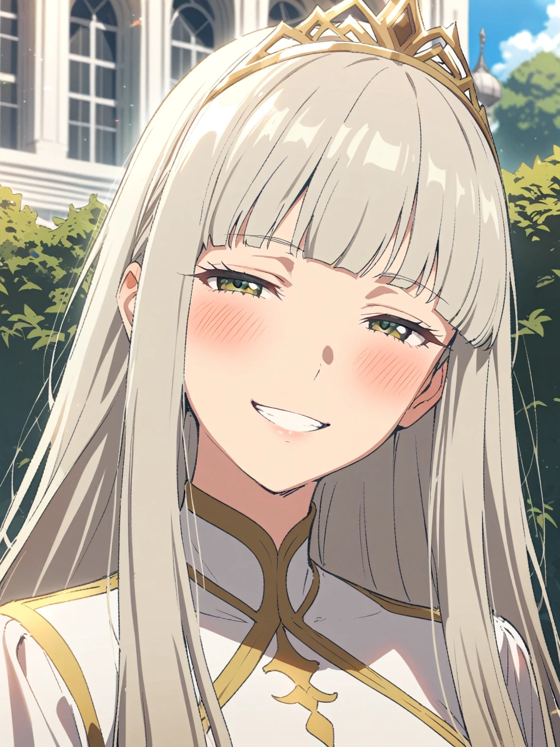 {{portrait, face focus}} {{Artist: Sincos}} 1 woman, solo, mature female, elegant, princess, medium breasts, platinum blonde hair, long hair, straight hair, hime cut, green eyes, white dress, gold trim, tiara, looking at viewer, blush, bright smile, teeth, half-closed eyes, outdoors, garden, palace, sunny, window.

