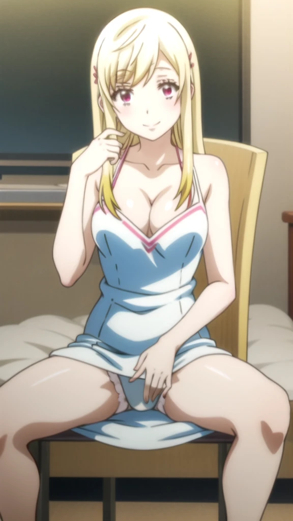 anime girl in lingerie sitting on a chair in a room, chica anime seductora, estilo anime ecchi, anime moe art style, fan art, my dress anime darling, chica anime atractiva, hermosa seductora anime adolescente, Fondo blanco, fondo liso, fondo sencillo:1.3),
 yamada_amarillo, 1 chica, pelo rubio, solo, pelo largo, adorno para el pelo, , sonrisa, arco, ojos rojos,con un gran pecho, oppai, chica anime seductora, mejor chica anime, estilo anime ecchi, ecchi, my dress anime darling, hermosa seductora