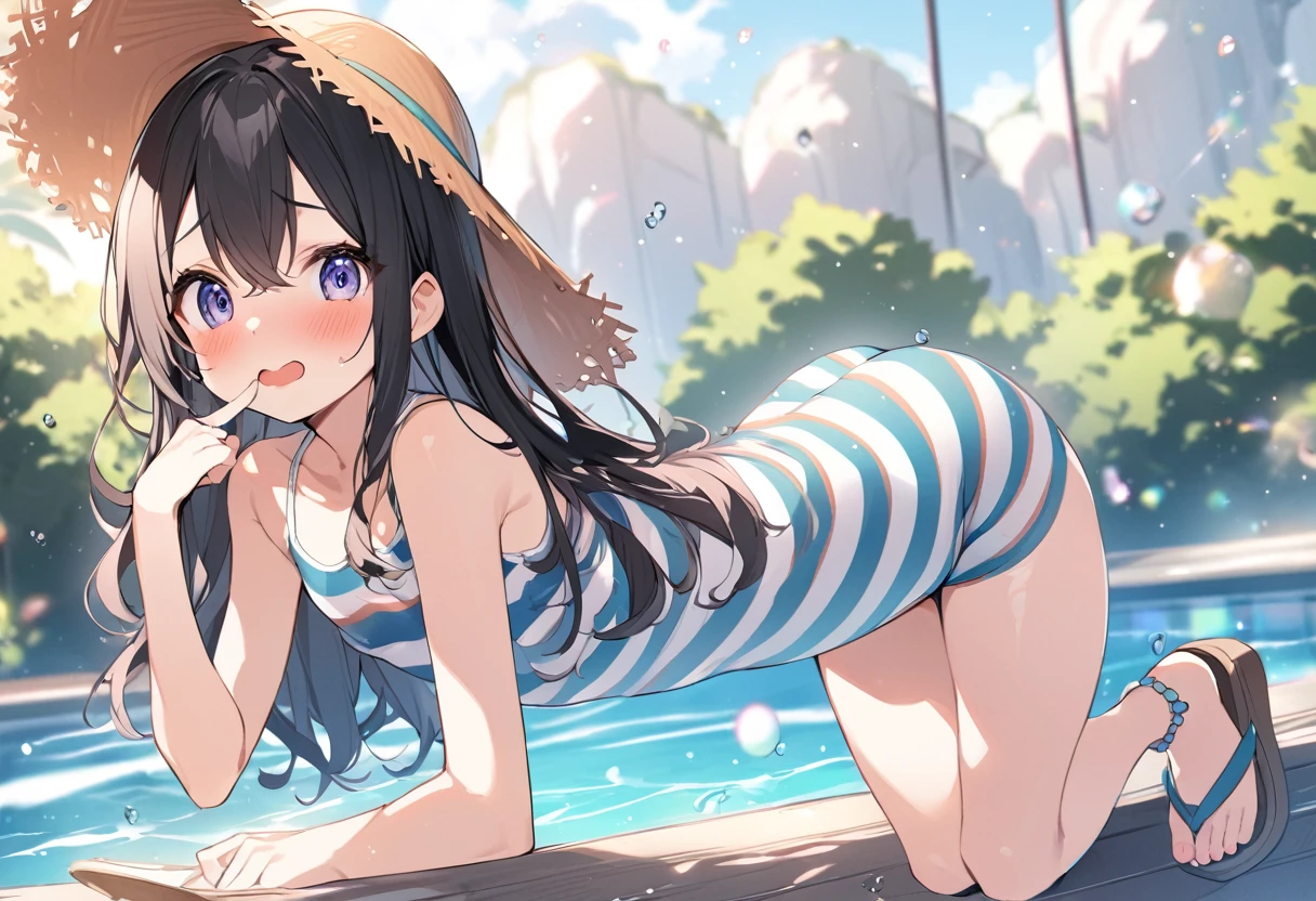 nsfw、BREAK Perfect Anatomy、highest quality、(cute:1.1)、(cute)、(High resolution:1.2)、Unbelievably absurd:1.3、Incredible illustrations、(cuteイラスト:1.2)、（Beautiful background、Poolside）(1 girl) 、solo)、(10th Generation、JK、Loli face、Small breasts:1.2)、slender、、、、Eye highlights、embarrassed、Black Hair, Long Hair, Cute Hips, Straw hat、Striped swimsuit、Sandals), finger to mouth