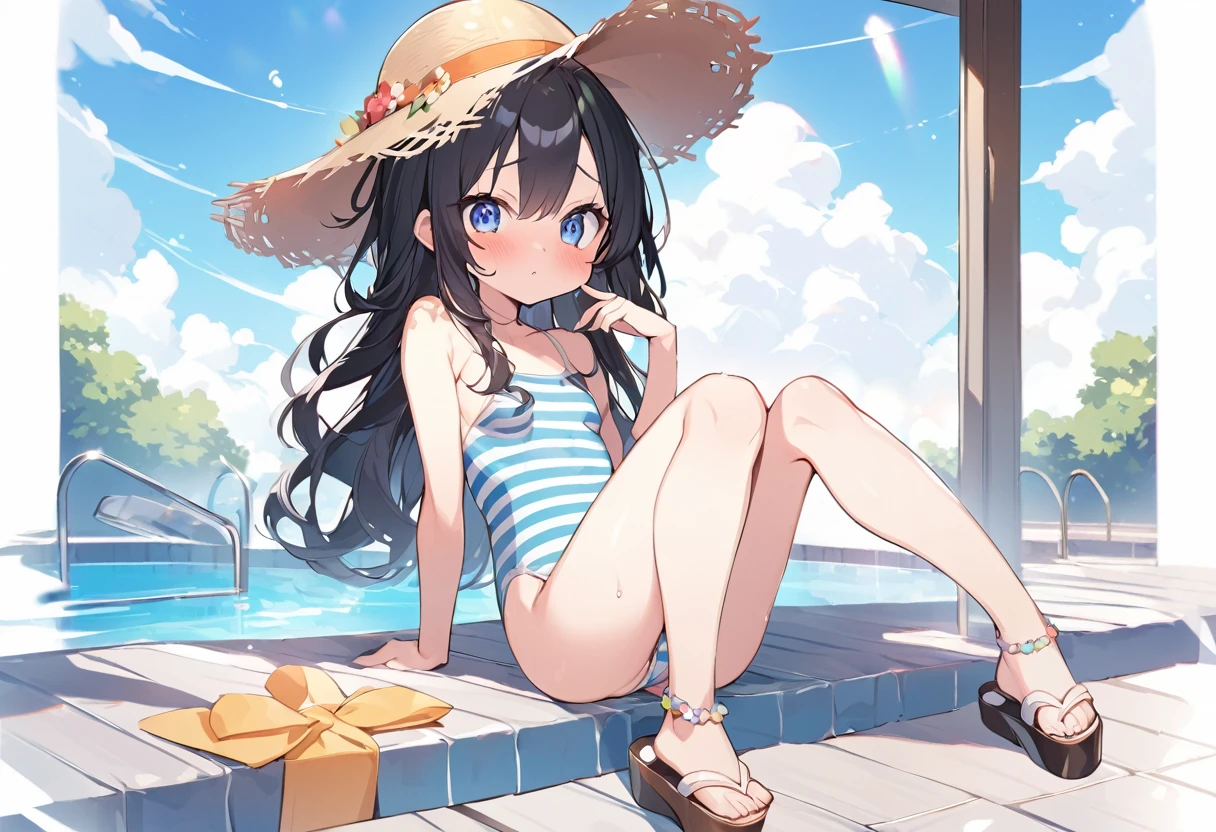 nsfw、BREAK Perfect Anatomy、highest quality、(cute:1.1)、(cute)、(High resolution:1.2)、Unbelievably absurd:1.3、Incredible illustrations、(cuteイラスト:1.2)、（Beautiful background、Poolside）(1 girl) 、solo)、(10th Generation、JK、Loli face、Small breasts:1.2)、slender、、、、Eye highlights、embarrassed、Black Hair, Long Hair, Cute Hips, Straw hat、Striped swimsuit、Sandals), finger to mouth