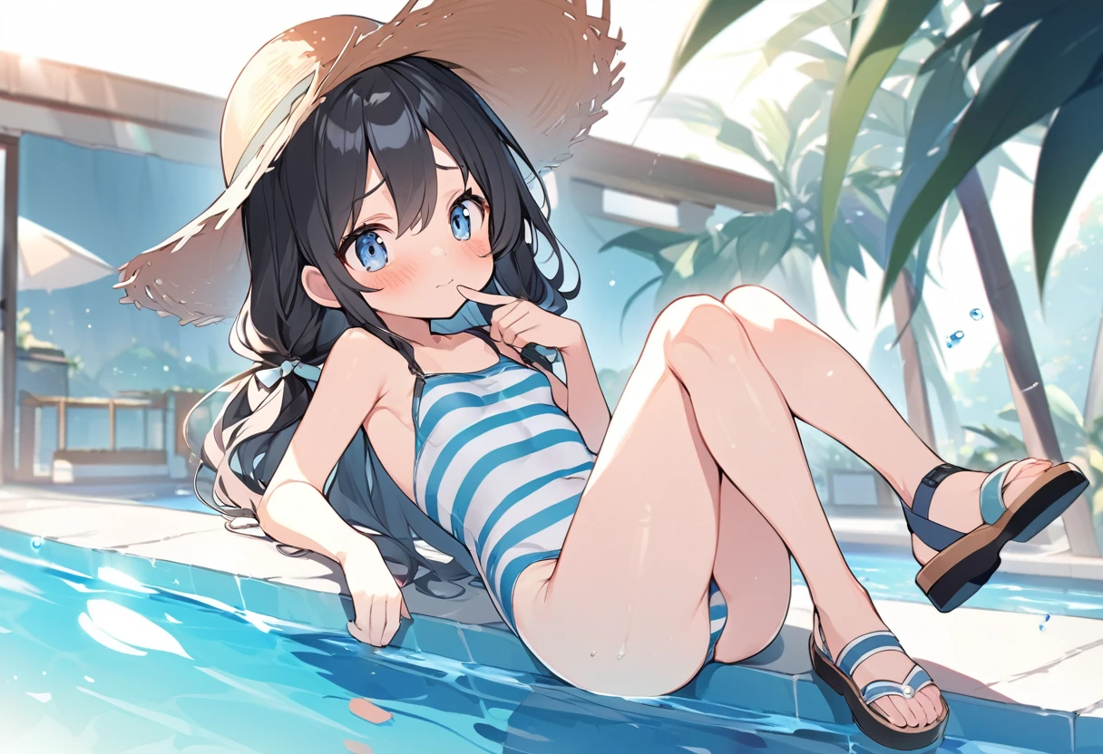 nsfw、BREAK Perfect Anatomy、highest quality、(cute:1.1)、(cute)、(High resolution:1.2)、Unbelievably absurd:1.3、Incredible illustrations、(cuteイラスト:1.2)、(Beautiful background、Poolside)(1 girl) 、solo)、(10th Generation、JK、 face、Small breasts:1.2)、slender、、、、Eye highlights、embarrassed、Black Hair, Long Hair, Cute Hips, Straw hat、Striped swimsuit、Sandals), finger to mouth