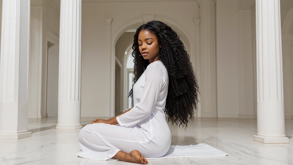 A young black woman with long, very curly, voluminous black power hair, in a meditation position with her eyes closed and her hands in a prayer position. She is wearing a lilac dress. The image should be a full-body shot in a meditation position, very realistic, in an all-white temple with a white floor, white stone walls, white ceiling, and white columns.