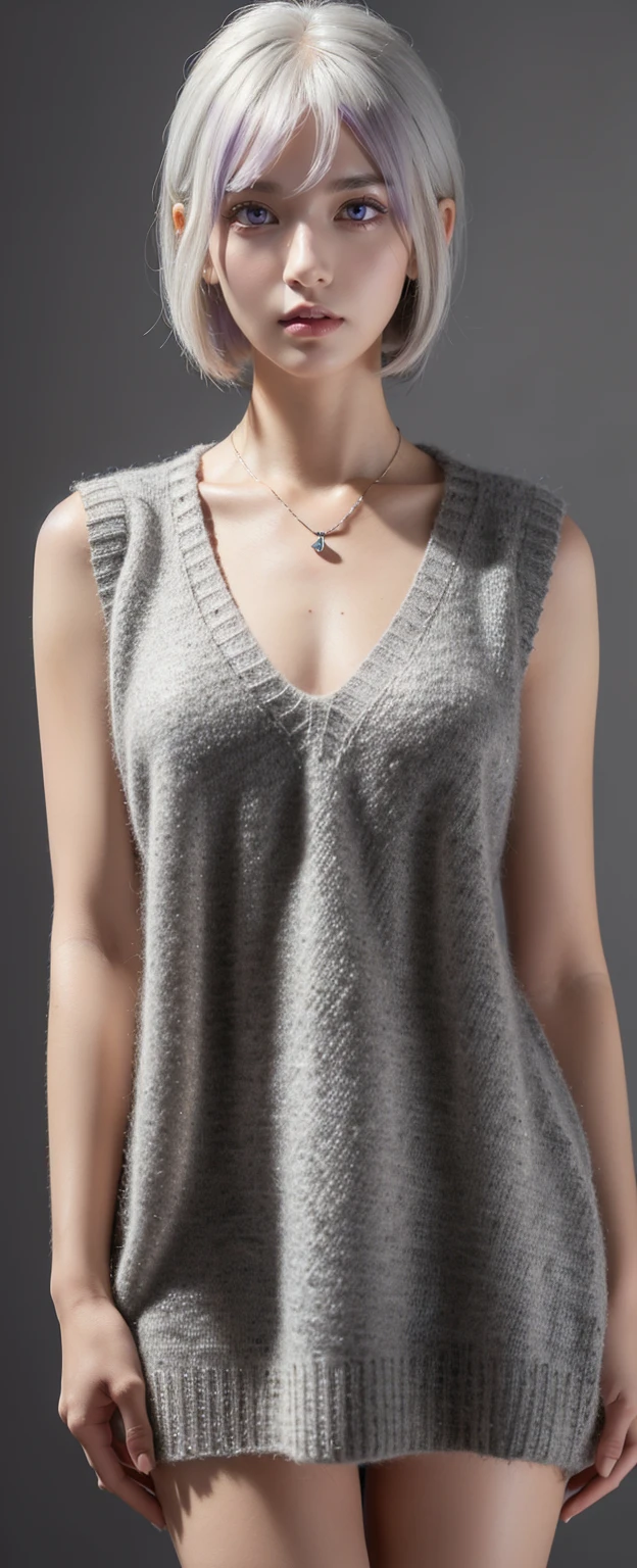 ((best quality)), ((masterpiece)), ((best quality)), ((masterpiece)), ((detailed)), Ridiculous resolution, high resolution, (masterpiece:1.4), Hyper-detailing, a young european woman. Necklace. ((Sleeveless wool v-neck dark grey sweater)). Blank background. Standing. ((White hair)). She has long bangs in her hair. Standing. ((Dark grey eyes)). Freckles. Red lipstick