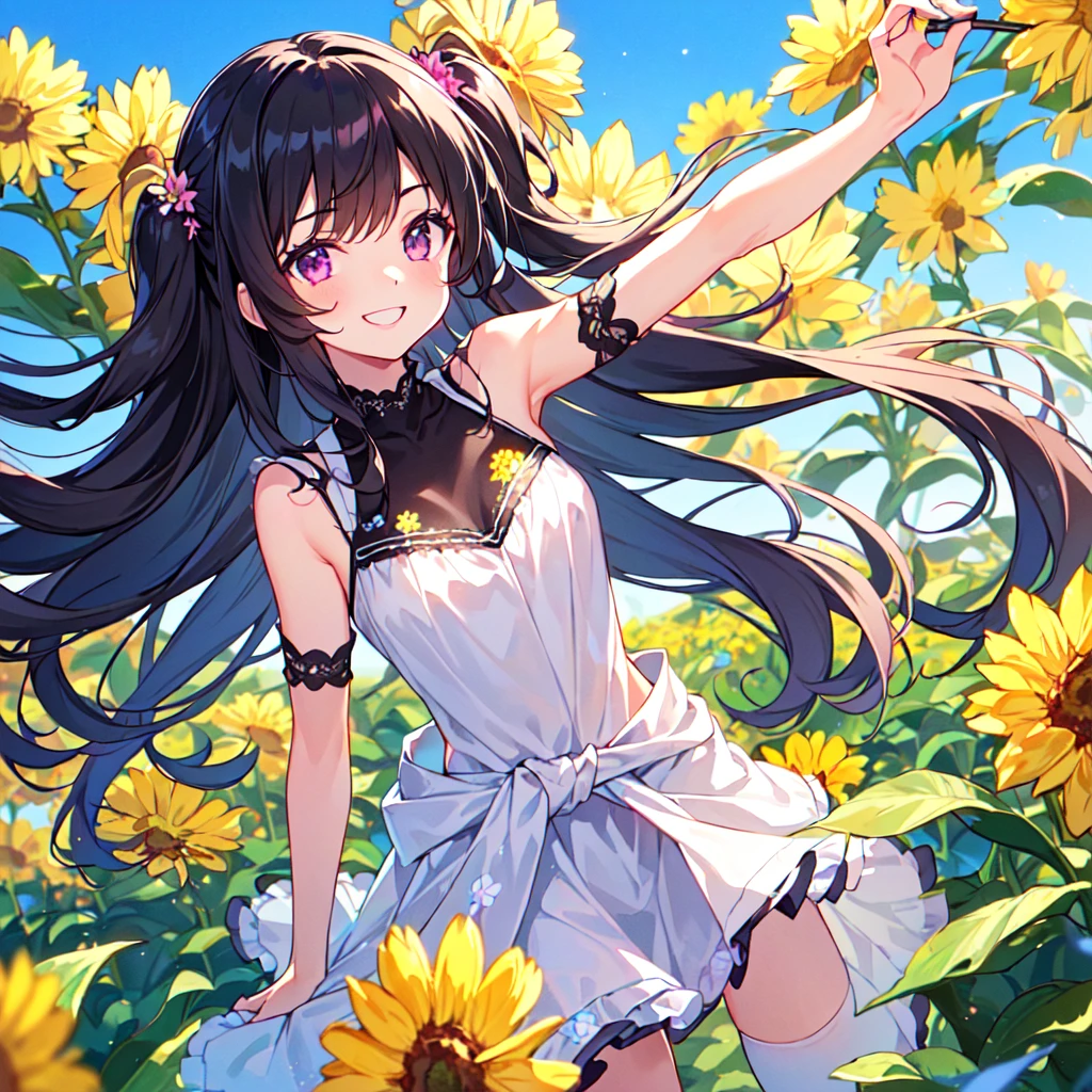 MASTERPIECE, best quality, high quality, extremely detailed, very delicate and beautiful, (1 female 18 years old, solo: 1.2), (long black hair, two side up to waist: 1.4), fringes to eyebrows, eyes Sharp eyes, strong glossy glossy eyes, glossy eyebrows, (eye colour magenta:1.3), 6.5 head height, (southern star flower print summer fashion:1.3), knee socks, frills, lace, (smiling), (running), (dynamic pose), (background southern star flower field :1.5) (blue sky), (upper body:1.3)