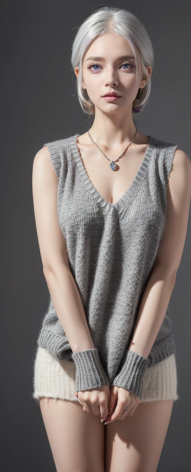((best quality)), ((masterpiece)), ((best quality)), ((masterpiece)), ((detailed)), Ridiculous resolution, high resolution, (masterpiece:1.4), Hyper-detailing, a young european woman. Necklace. ((Sleeveless wool v-neck dark grey sweater)). Blank background. Standing. ((White hair)). She has a bun in her hair. Standing. ((Dark grey eyes)). Freckles. Red lipstick