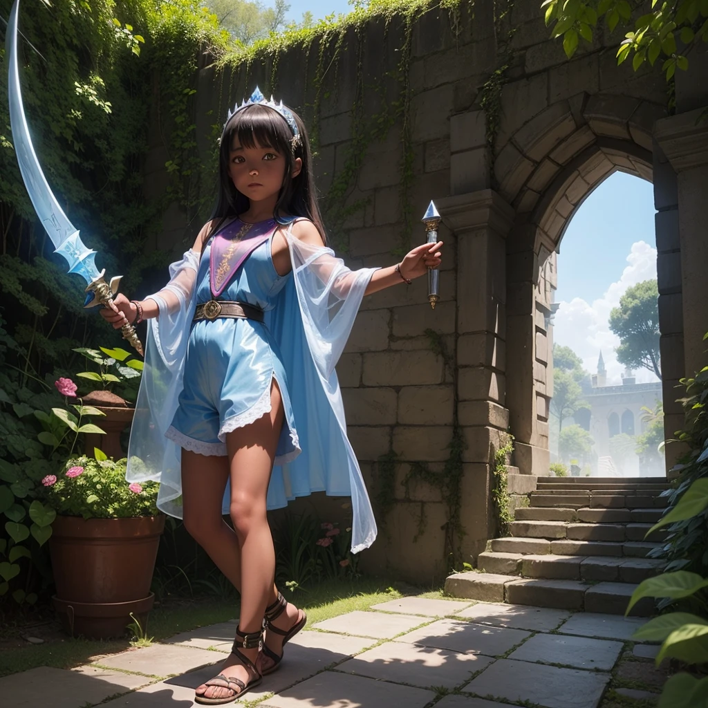 最high quality、high quality、Frugal cloth clothes、１０Year-old girl adventurer、Climb the labyrinth stairs、Shorts、Equipped with a dagger and a shield、Inside the dim labyrinth、The whole body is covered with a translucent material.