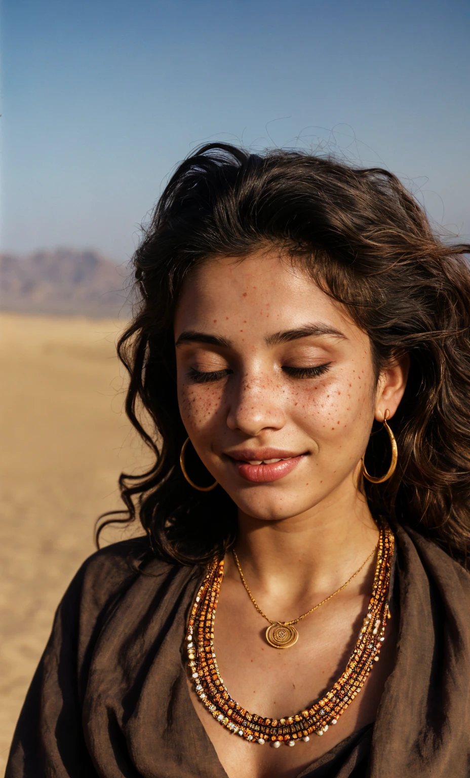 (Close-up, editorial photograph of a 20 year old woman), (highly detailed face:1.4) (smile:0.7) (background inside dark, moody, private study:1.3) POV, by lee jeffries, nikon d850, film stock photograph ,4 kodak portra 400 ,camera f1.6 lens ,rich colors, hyper realistic ,lifelike texture, dramatic lighting , cinestill 800, wavy hair, messy hair, Curls, Mischievous smirk, Black hair, freckles, Closed Eyes, jewels, necklace, Arabic shirt, arabic scarf, Astral Plane, Black Round Sunglasses, Sun, Sand, Desert, Arabian expressions, Egyptian woman, Arabian skin, Golden Aura, shadow queen