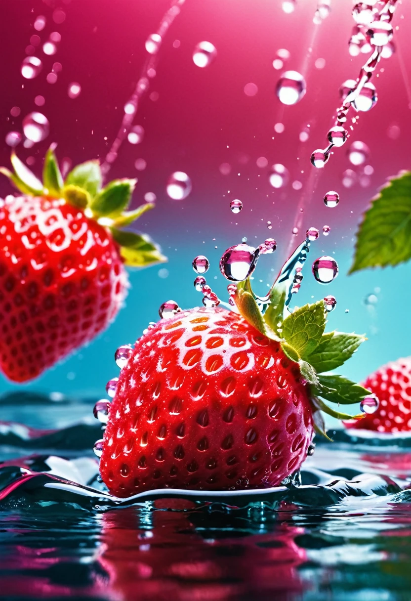 refrescante, fresa brillante vibrante, flotando en el agua,  dew drops, pink lighting, brilla en el agua, refrescante  , in the style of a product hero filmed in motion, dynamic magazine advertisement image, photorealism, fondo de agua que fluye, luz solar, brillando en el agua