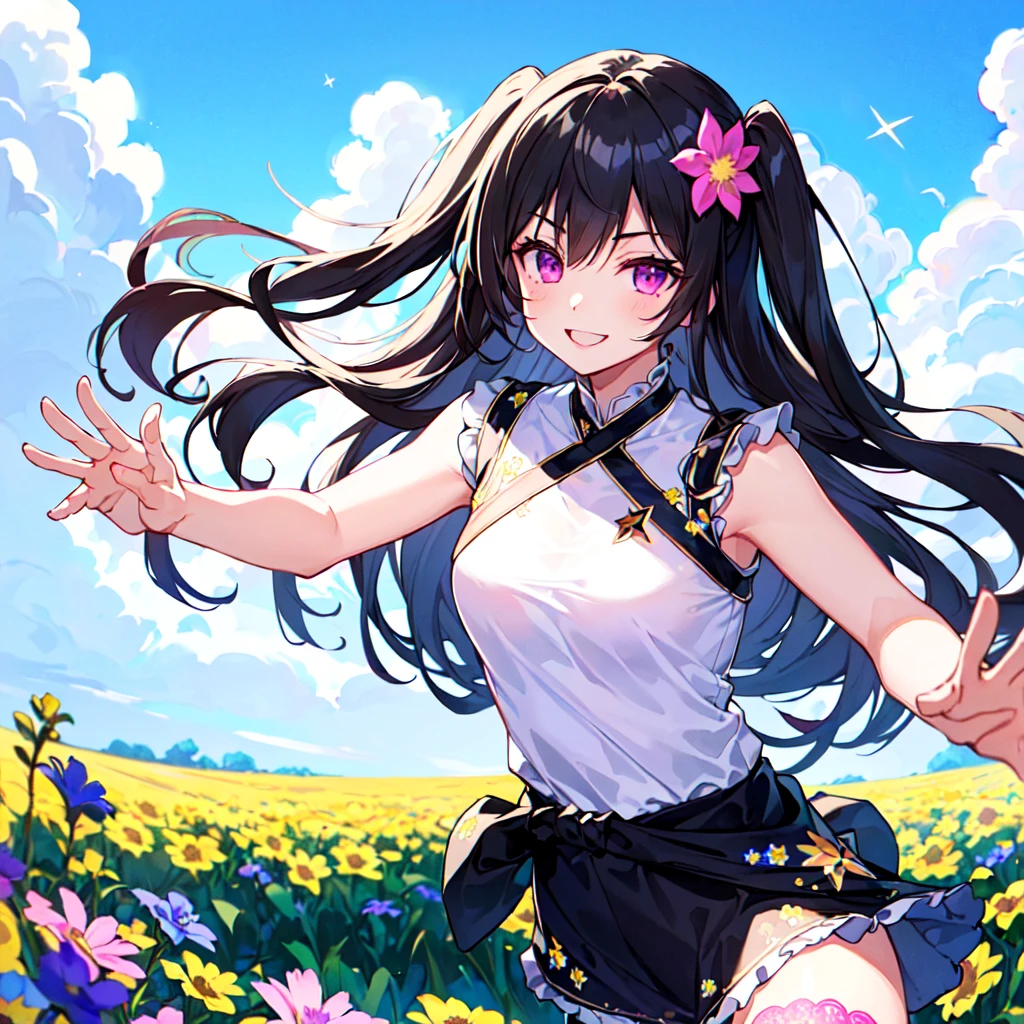 MASTERPIECE, best quality, high quality, extremely detailed, very delicate and beautiful, (1 female 18 years old, solo: 1.2), (long black hair, two side up to waist: 1.4), fringes to eyebrows, eyes Sharp eyes, strong glossy glossy eyes, glossy eyebrows, (eye colour magenta:1.3), 6.5 head height, (southern star flower print summer fashion:1.3), knee socks, frills, lace, (smiling), (running), (dynamic pose), (background southern star flower field :1.5) (blue sky), (upper body:1.3)