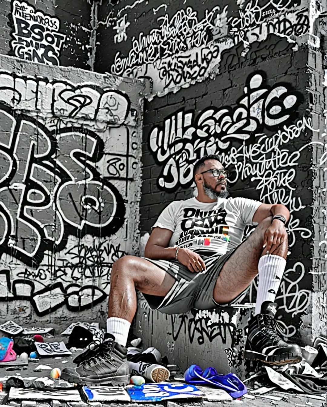 gutto2024abr, A professional RAW photograph of a man with glasses, beard and short military-cut black hair. He is wearing a t-shirt, cargo shorts, high-top adventure boots, and white socks. The man is sitting on the ground, leaning against a graffiti-covered wall in ruins. (The man is in black and white, while the wall is in color:1.5). He appears very sad and despondent. The lighting is dark and heavy, capturing intricate details of his skin. Ultra-realistic with ultra-detail, emphasizing the somber mood and the stark contrast between the man and his colorful, dilapidated surroundings.