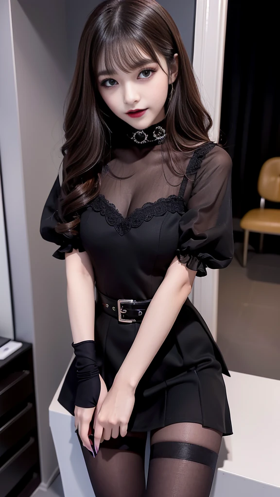 best quality、ultra-detailed、8k、Japanese、Japanese、Seductive beauty、seductive adult woman、Pretty Woman、cool girl、smirk、Wicked Smile、Villainess、brainwash makeup、Brainwashed、brainwash、Fallen into evil、Evil look、evil、Brown hair、wavy hair、swept bangs、dark makeup、piercing eyes、hollow eyes,half-closed eyes、Hollow Eyes、purple Eyeshadow、black lipstick、black lipglos、black elegant dress、wide sleeve、Black flared skirt、skin color pantyhose、stockings、night、inside darkroom、hand hold pantyhose、Are standing、Look、Offer、shoot from below、Swear allegiance、I have pledged my allegiance、