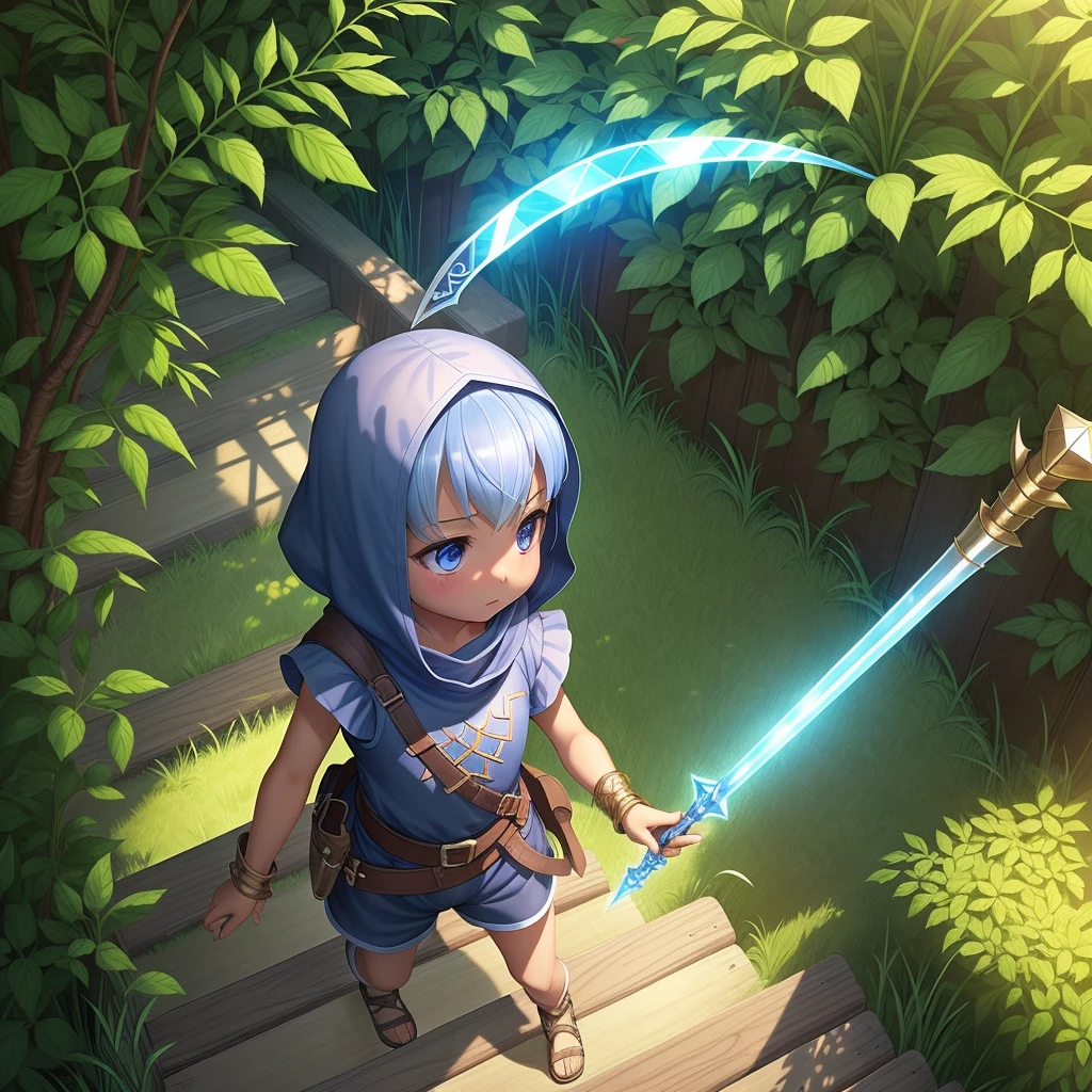 最high quality、high quality、Frugal cloth clothes、10Year-old girl adventurer、Climb the labyrinth stairs、Shorts、Equipped with a dagger and a shield、Inside the dim labyrinth、The whole body is covered with a translucent material.