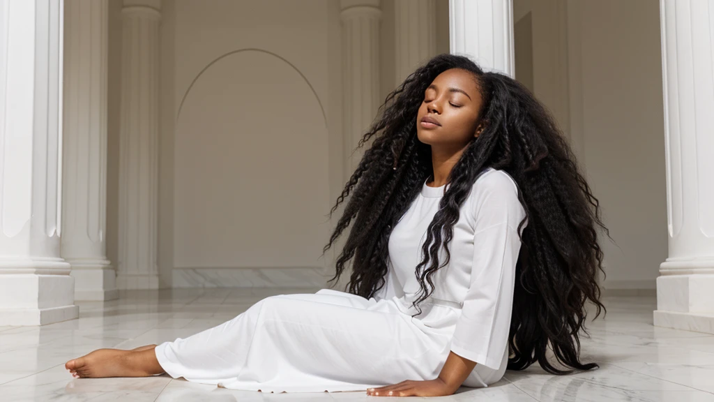 A young black woman with long, very curly, voluminous black power hair, in a meditation position with her eyes closed and her hands in a prayer position. She is wearing a lilac dress. The image should be a full-body shot in a meditation position, very realistic, in an all-white temple with a white floor, white stone walls, white ceiling, and white columns.