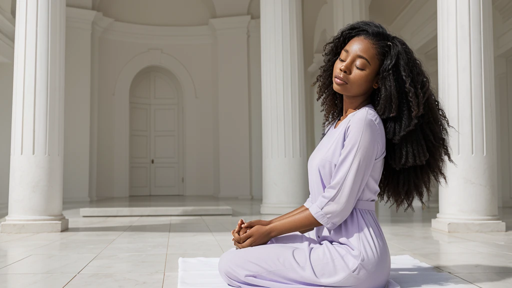 A young black woman with long, very curly, voluminous black power hair, in a meditation position with her eyes closed and her hands in a prayer position. She is wearing a lilac dress. The image should be a full-body shot in a meditation position, very realistic, in an all-white temple with a white floor, white stone walls, white ceiling, and white columns.