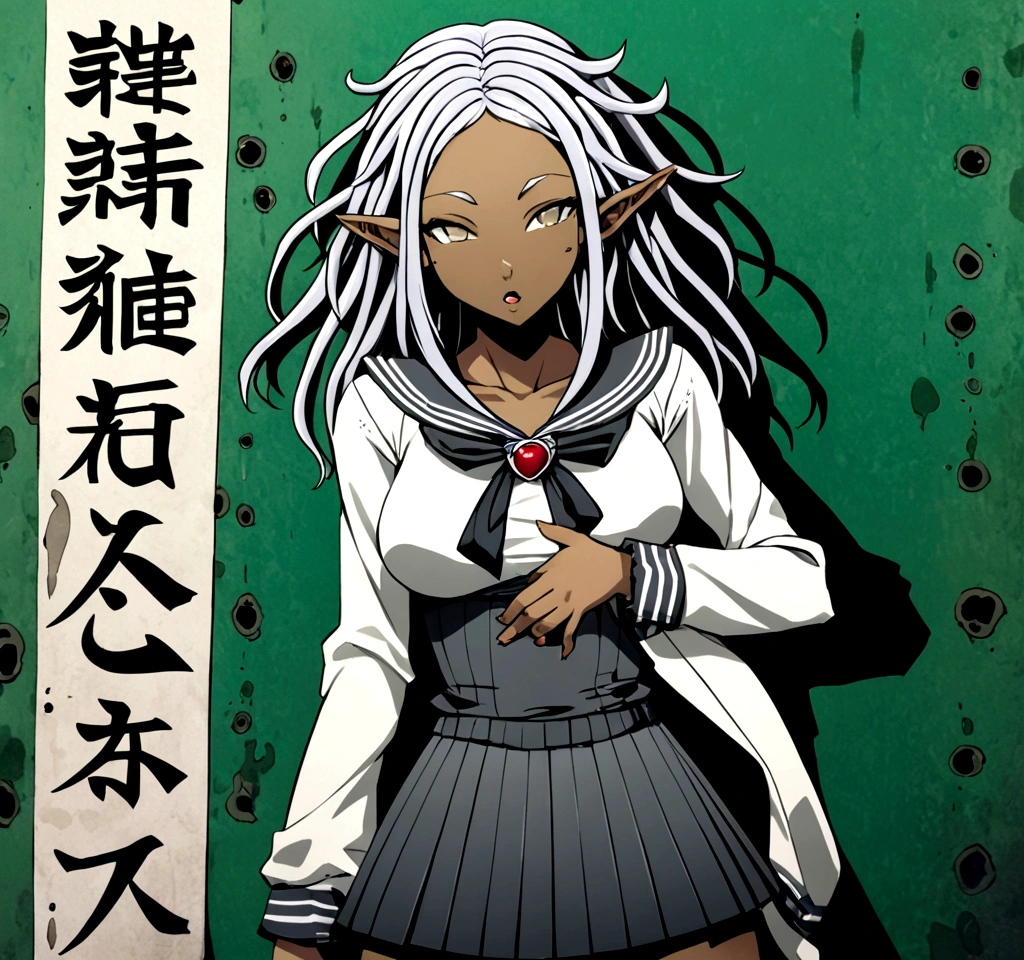 A african anime elf female, shining red, nud, Black and red background, sexy face, Standing Playing vagina pose, Opening To screen vagina, big chest, thicc body, cum coming out of legs, cum coming out of mouth, mouth open