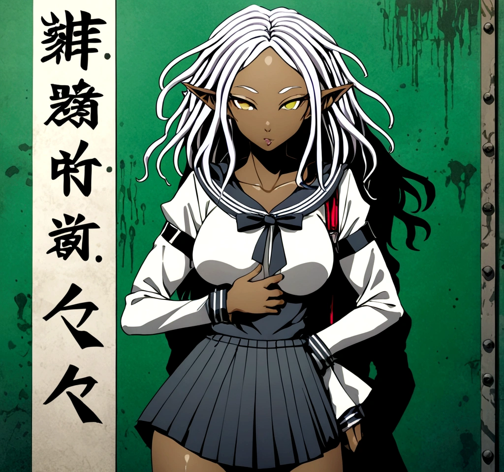 A african anime elf female, shining red, nud, Black and red background, sexy face, Standing Playing vagina pose, Opening To screen vagina, big chest, thicc body, cum coming out of legs, cum coming out of mouth, mouth open