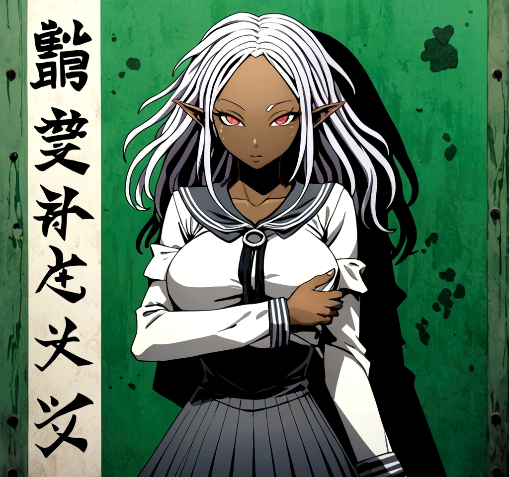A african anime elf female, shining red, nud, Black and red background, sexy face, Standing Playing vagina pose, Opening To screen vagina, big chest, thicc body, cum coming out of legs, cum coming out of mouth, mouth open