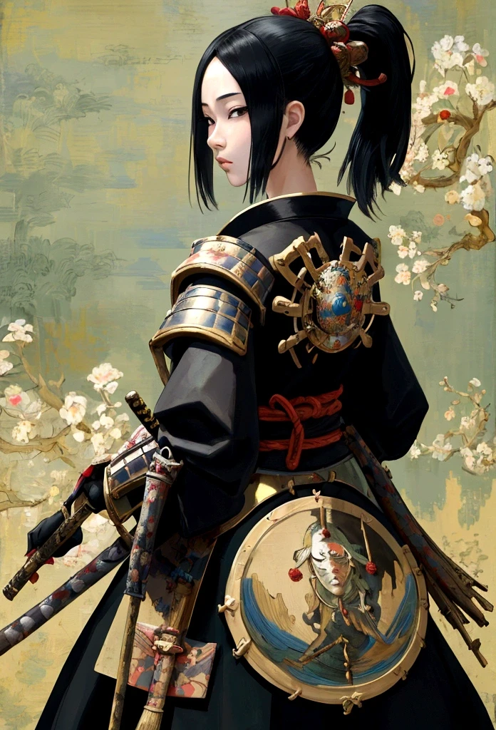 a picture of Japanese female knight, she has long black hair, wearing samurai armor, armed with a katana, ready for battle, ((shot taken from the back)), Japanese fantasy art, (Masterpiece: 1.5), 16k, highres, best quality, high details, ultra detailed, masterpiece, best quality, (extremely detailed), arafed, dnd art, JapaneseKatana