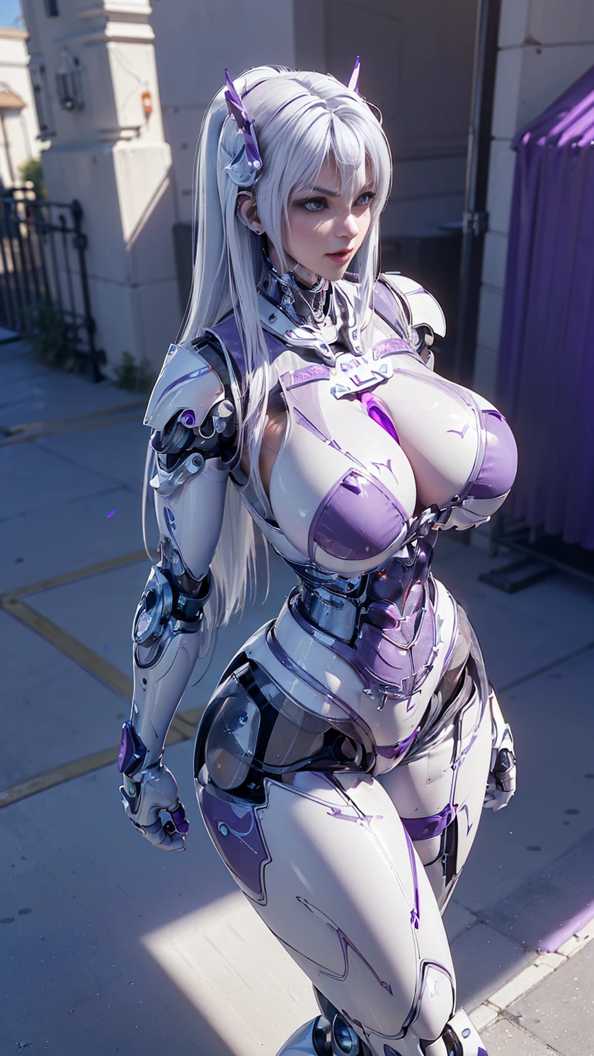 Solo, physically-based rendering, (muscular body shape),(huge fake breast:1.5), street city, slim waist, 11 line abs, big Hips, (beautiful cyborg woman,purple Mecha cyborg girl,battle mode,white Mecha body girl,guard arm,glove:1.5), sweaty skin, clean skin, beauty model, 4K Resolution.