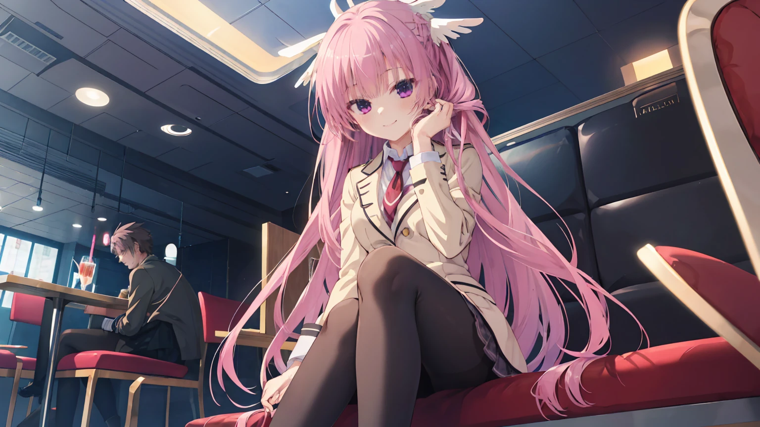 A girl,solo,Pink long hair,happy,Smile,Medium long hair,Dissemination,kikka academy uniform, pantyhose, highres, absurdres,Inside the spacecraft,In the restaurant,Sitting on the sofa,Glass Windows,Anime style 4k,mitsukasa ayase、Character-centered