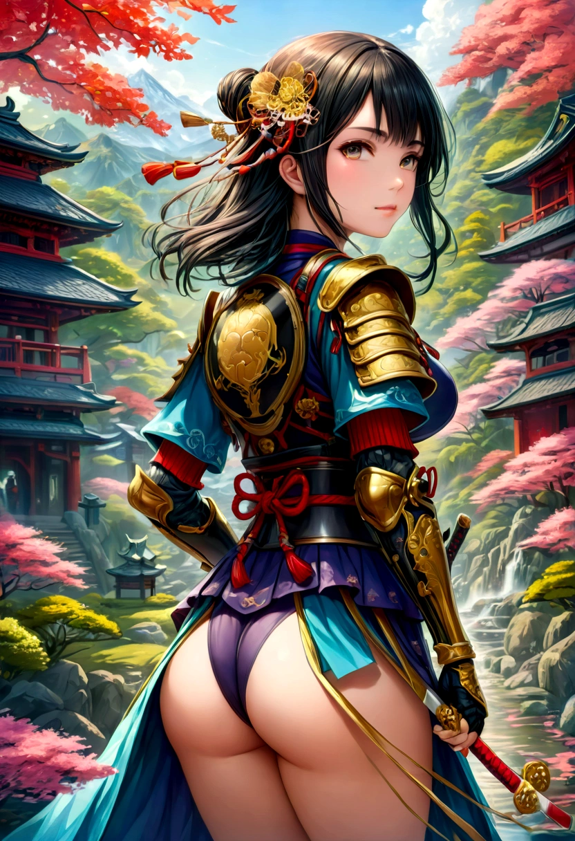 a picture of Japanese female knight, she has long black hair, wearing samurai armor, armed with a katana, ready for battle, ((shot taken from the back)), Japanese fantasy art, (Masterpiece: 1.5), 16k, highres, best quality, high details, ultra detailed, masterpiece, best quality, (extremely detailed), arafed, dnd art, JapaneseKatana