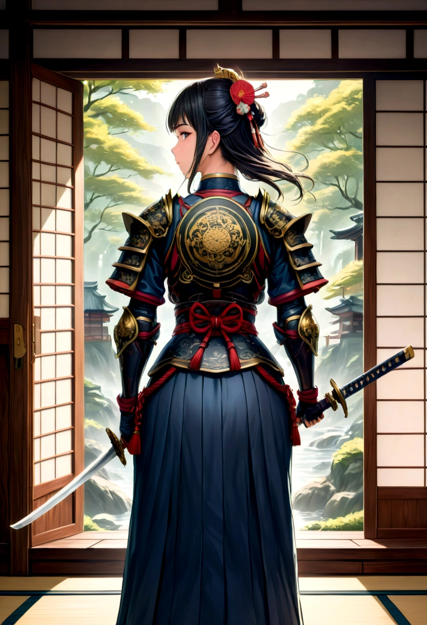 a picture of Japanese female knight, she has long black hair, wearing samurai armor, armed with a katana, ready for battle, ((shot taken from the back)), Japanese fantasy art, (Masterpiece: 1.5), 16k, highres, best quality, high details, ultra detailed, masterpiece, best quality, (extremely detailed), arafed, dnd art, JapaneseKatana