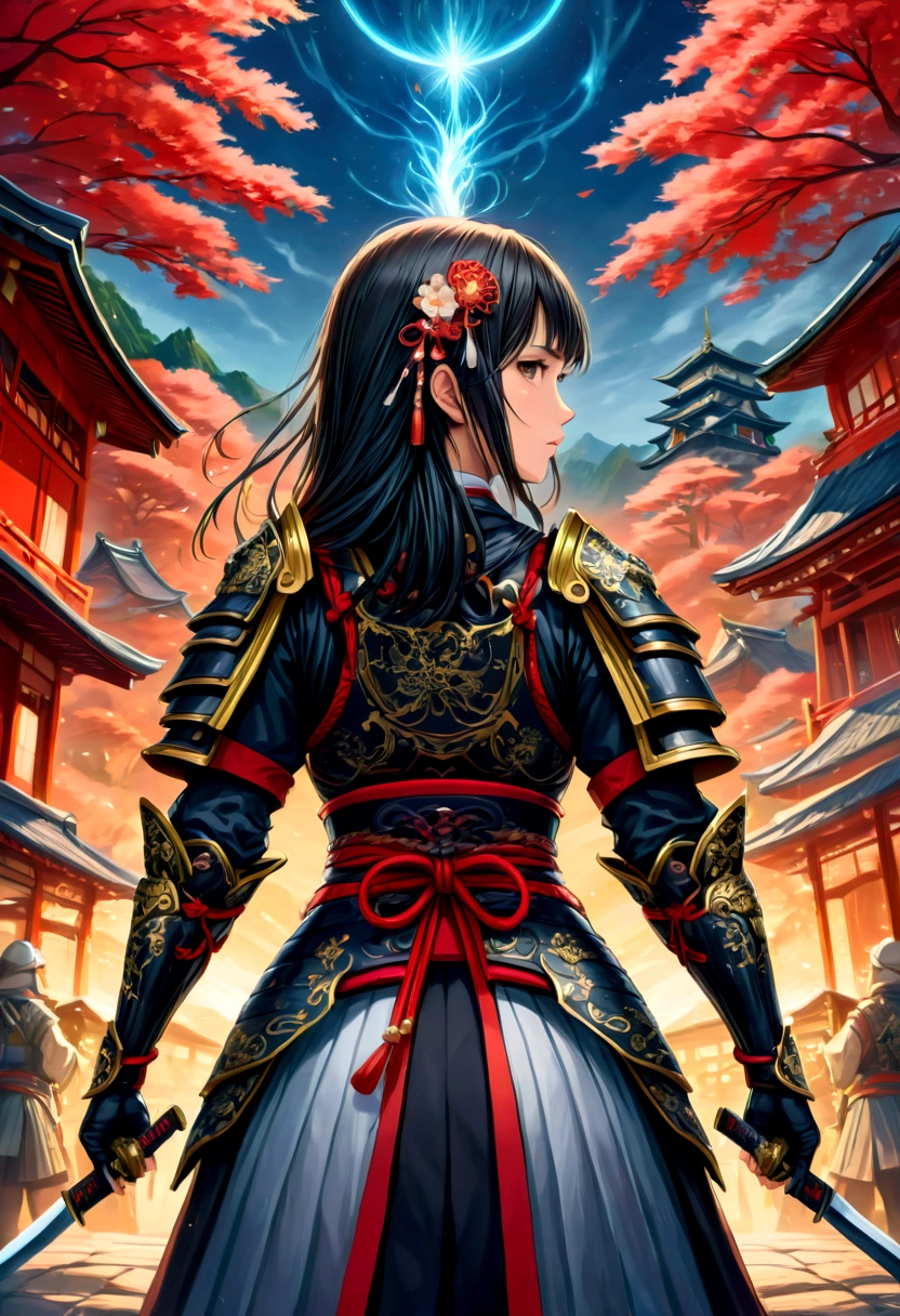 a picture of Japanese female knight, she has long black hair, wearing samurai armor, armed with a katana, ready for battle, ((shot taken from the back)), Japanese fantasy art, (Masterpiece: 1.5), 16k, highres, best quality, high details, ultra detailed, masterpiece, best quality, (extremely detailed), arafed, dnd art, JapaneseKatana