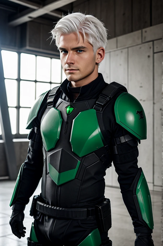 Male, anime, oldish, white hair, green eyes, veteran, wearing black tactile gear