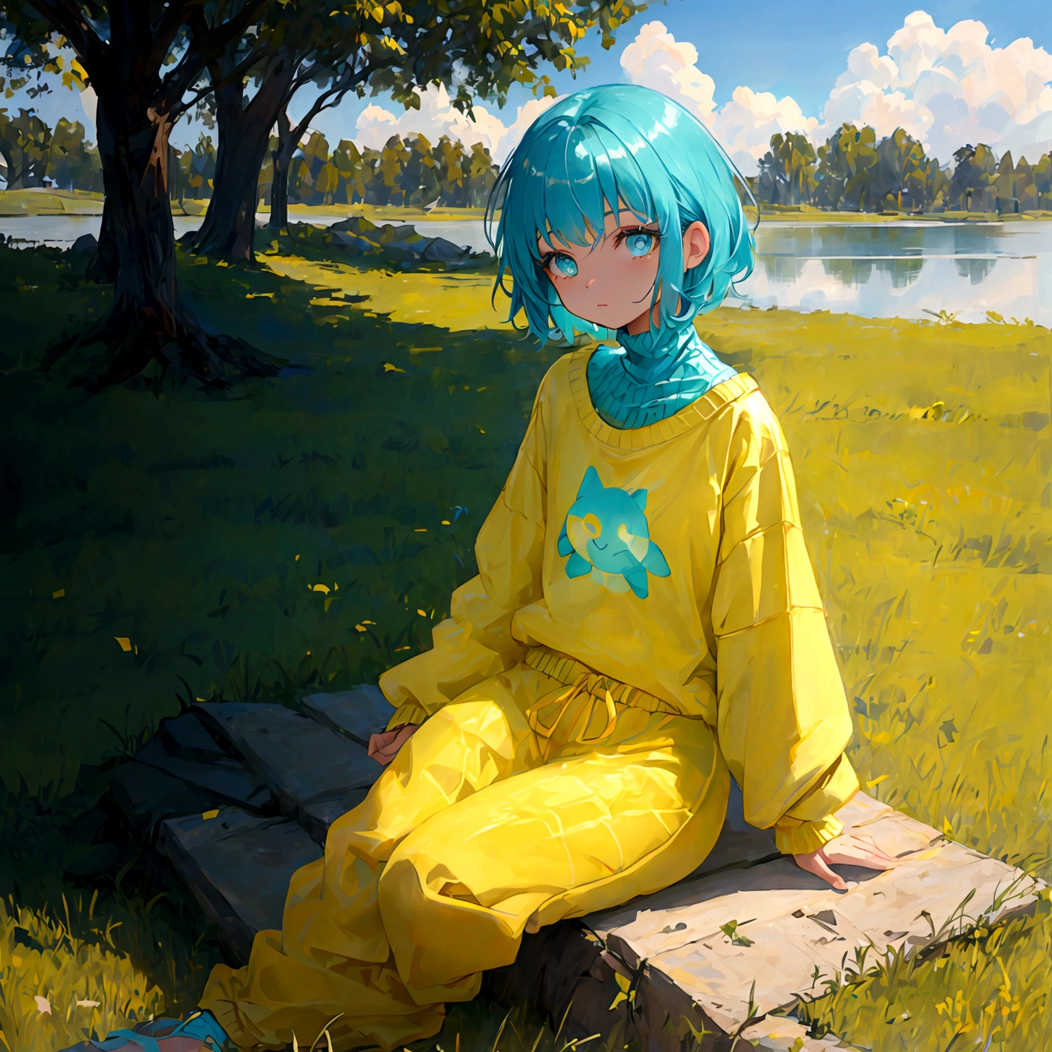 a young girl with short cyan hair and yellow glowing eyes, is wearing a fluffy yellow sweater and cyan sweatpants. she is sitting in the grass outside, next to a small lake, the sun is shining.