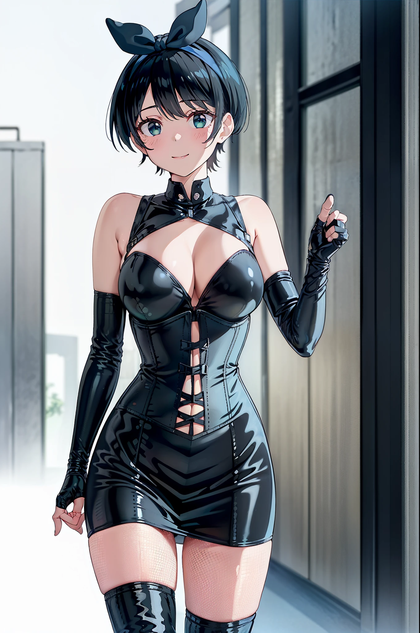 BDSM、Queen、spouse、One Girl、alone、(((Long gloves covered in black latex all the way to the fingertips:1.4 )))、(((black latex corset dress:1.4)))、(((Beautiful lace corset dress.)))、(((corset dress with shoulder straps)))、(((black latex tight miniskirt:1.4)))、(((Black thigh-high boots)))、Stiletto heels、(((Black latex panties)))、(((black latex bra)))、(((Black leather collar)))、(((Sexy pose)))、Wide-open legs、(((erotic)))、(((Cowboy Shot)))、Big blue ribbon、(((Green Eyes)))、((( Short black hair)))、(masterpiece, highest quality, Very detailed), 1 girl, RukaSarashina, Looking at the audience, Are standing、Wicked Smile、blush