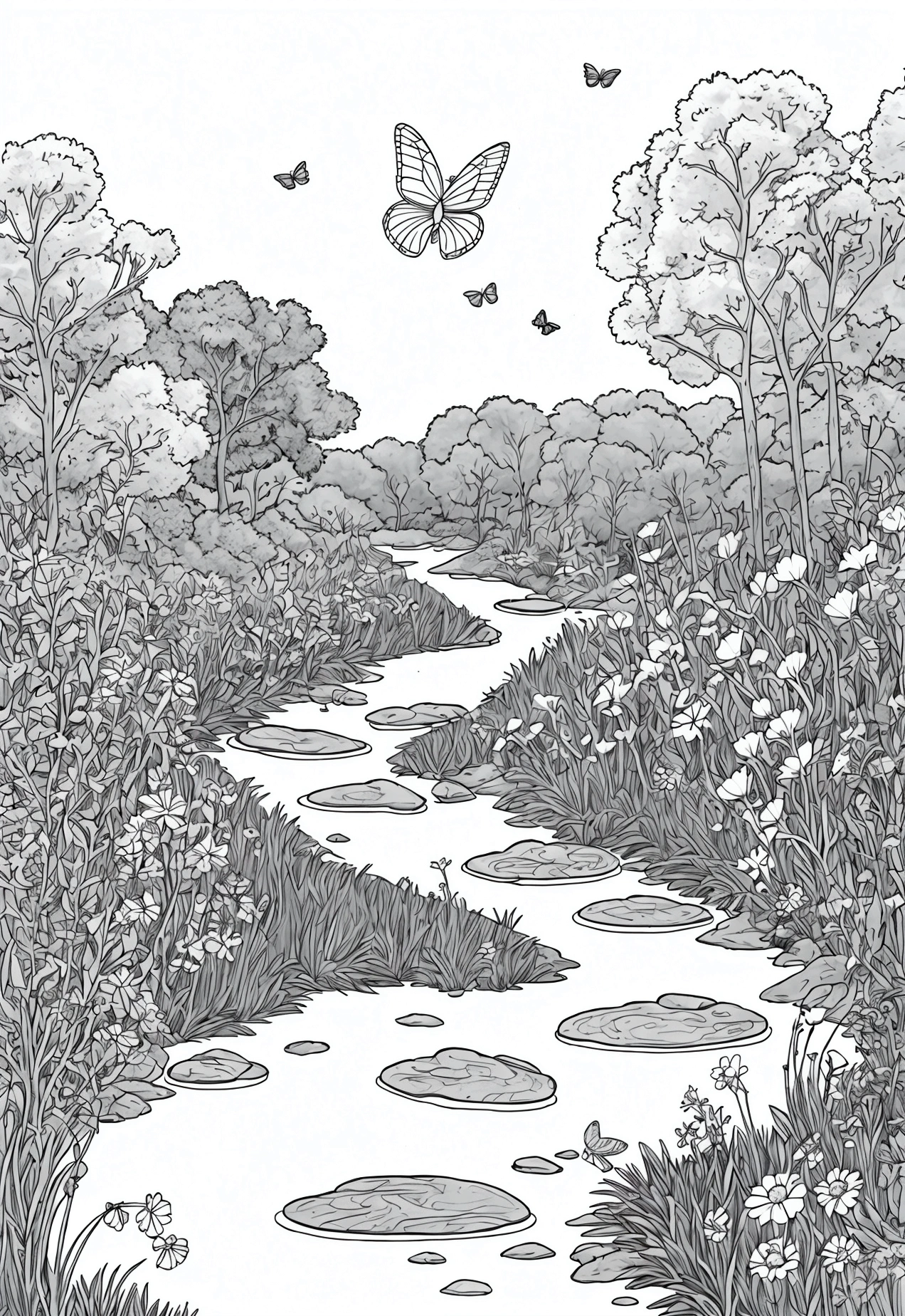 very very very light grey and white, line art, cartoon character, 3d style, high-quality, coloring book, hand-draw, Lush Meadow: A wide-open meadow filled with wildflowers of various shapes and sizes, butterflies fluttering around, a gentle stream running through it, and a deer drinking water from the stream.