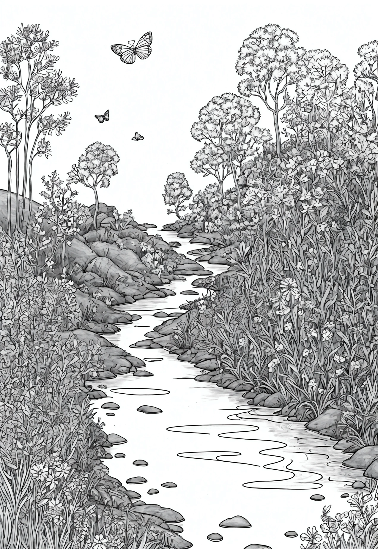 very very very light grey and white, line art, cartoon character, 3d style, high-quality, coloring book, hand-draw, Lush Meadow: A wide-open meadow filled with wildflowers of various shapes and sizes, butterflies fluttering around, a gentle stream running through it, and a deer drinking water from the stream.
