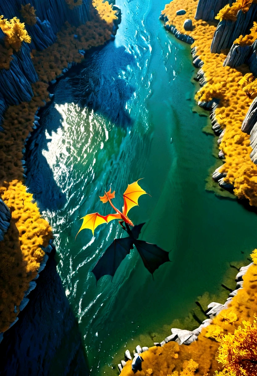 ((picture taken from above of dragon: 1.5)), digital art, arafed, a picture of a dragon flying above a river, its shadow is cast on the water dragon wings spread wide, dynamic color dragon, you see the back of the dragon, its majestic wings, its tail and river it is flying above, the shadow of dragon in the river, , Wide-Angle, Ultra-Wide Angle, dynamic light, Cinematic Hollywood Film style
