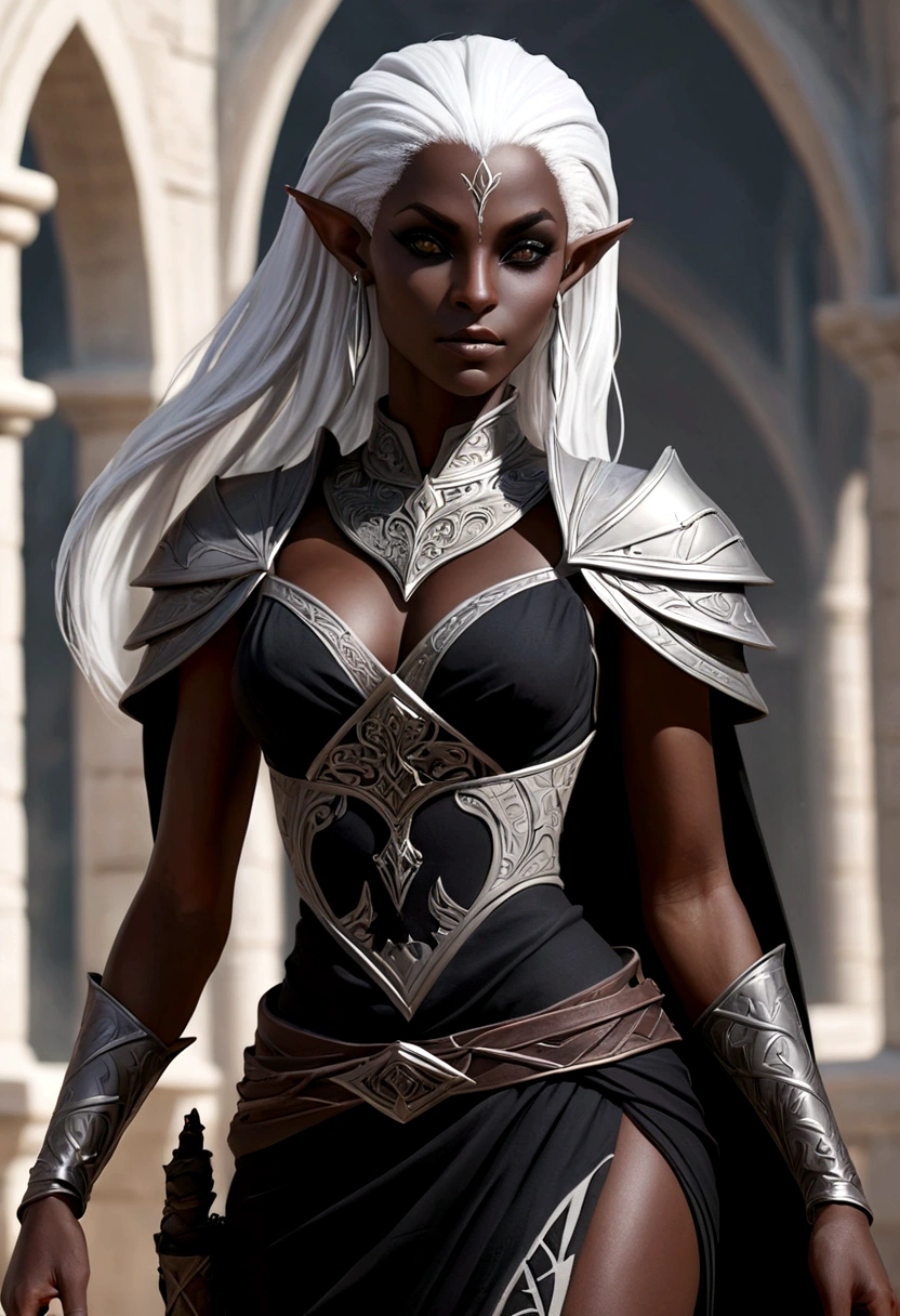 dark elf. black skin. White hair. D&D assassin style dress