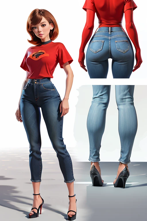 (Multiple views: 1.2), (Full body from the front: 1.5), (Full body from the back: 1.1), plane T-Shirts、jeans、High heels、