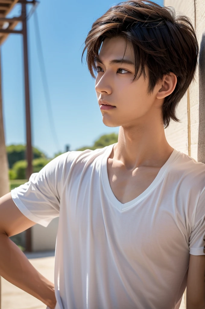 cool,,,,Refreshing athletic guy,,,boys,,charm,,Action,,Vibrancy,Japanese high school student style,Celebrity style,clavicle,thin limbs,,Male Focus,main character,,Buddy,,Gentle Breeze,Dust,Natural light,Big white t-shirt,,,face,hand,eye,