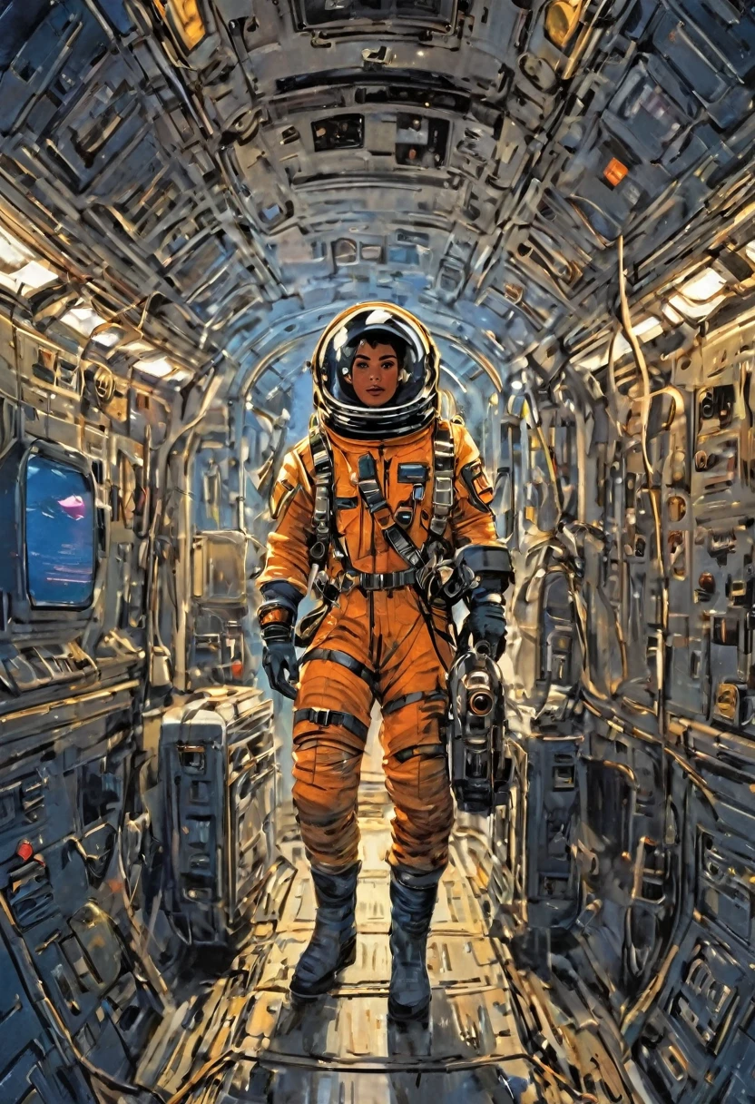 a space adventurer, inside a ship in space 