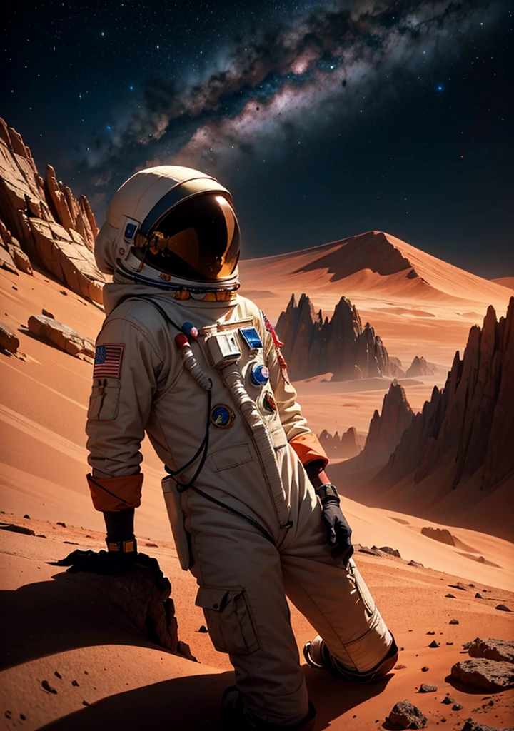 Create a painting of an astronaut on Mars at night, with a backdrop of towering mountains silhouetted against the starry sky. Include intricate details of rocks scattered across the Martian terrain, capturing the serene yet otherworldly beauty of the Red Planet.