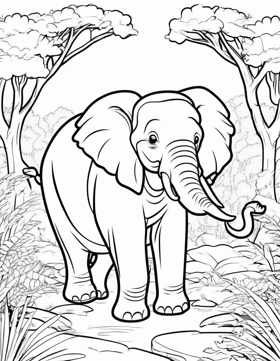 A cute African Elephant  run in forest,  cartoon, ,Coloring Book, ColoringBookAF,