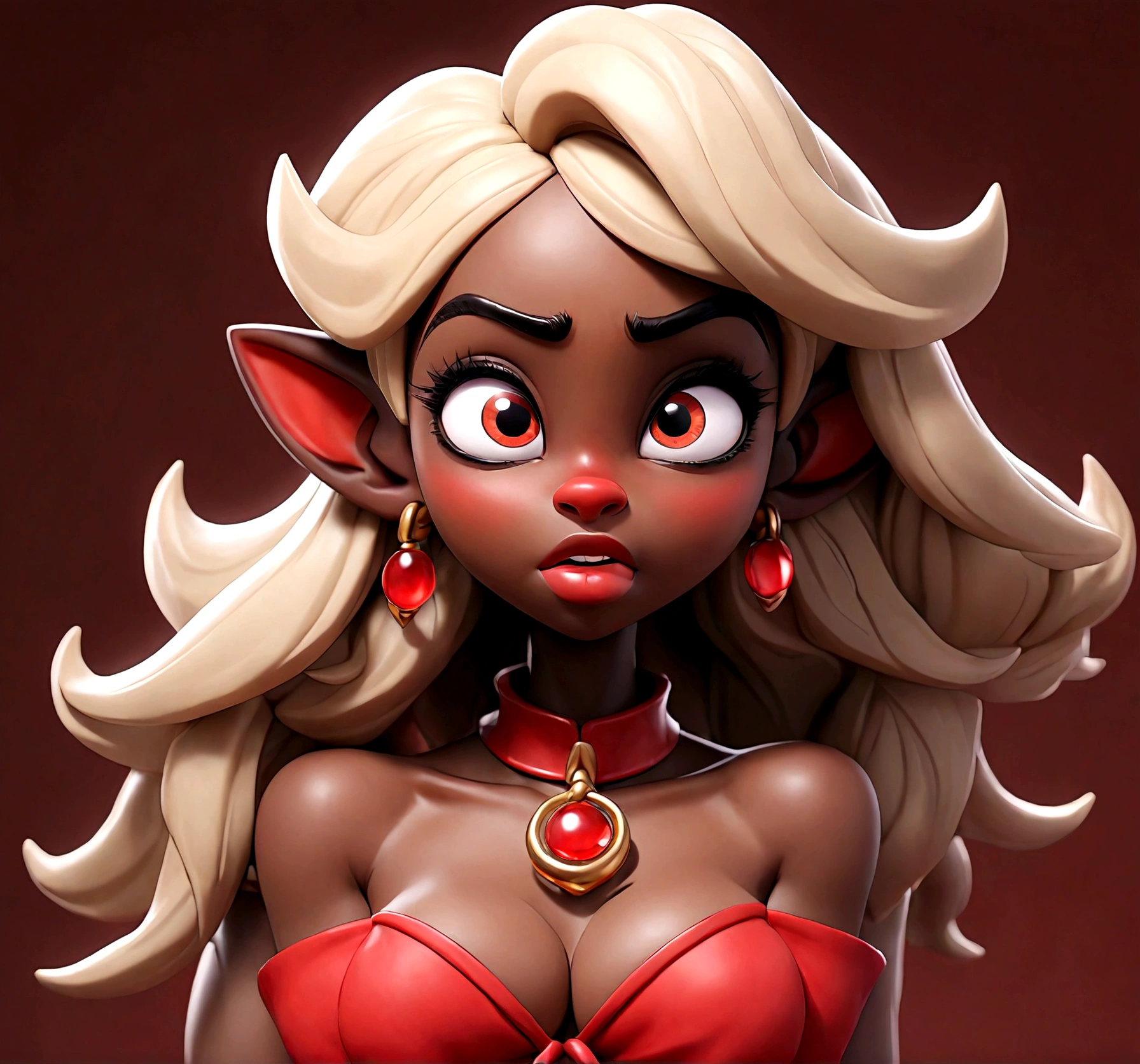 A african anime elf female, shining red, nud, Black and red background, sexy face, Standing Playing vagina pose, Opening To screen vagina, big chest, thicc body, cum coming out of legs, cum coming out of mouth, mouth open