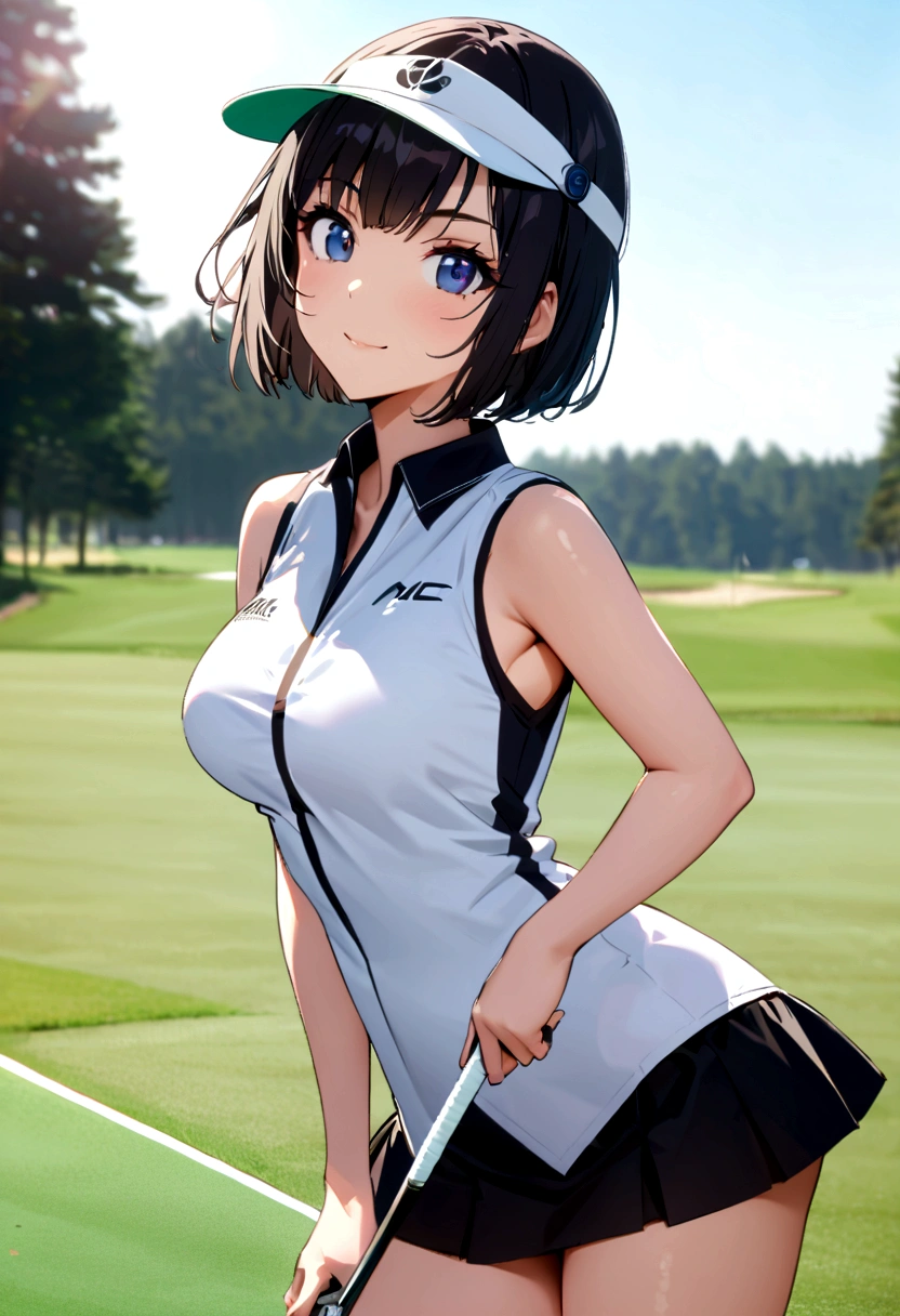 sound　high resolution　8k beauty　Woman playing golf　Golf course　Beautiful woman　Bobcut　Black Hair　　Golf Wear　mini skirt　smile　　looking at the camera　nice shot　No sleeve　Sun visor