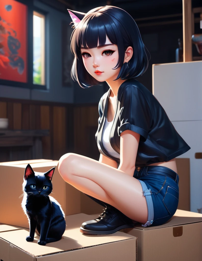quality(8k wallpaper of extremely detailed CG unit, masterpiece, hight resolution, top-quality, top-quality real texture skin,hyper realisitic, digitial painting,increase the resolution,RAW photos,best qualtiy,highly detailed,the wallpaper),BREAK,8K, Chibi , onmyoji-style art, half face, a woman sitting on top of a box next to a cat, artstyle : ilya kuvshinov, shiny colorful, sexy girl wearing shorts, black jeans, medibang, characters merged, anime like